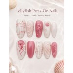 3D Jellyfish Shell Press‑On Nails, Pink‑White Ocean‑Style Almond False Nails with Pearl Rhinestones